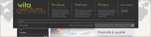En-tête du site Vita Verdura : logo, rubriques Boutique, Pratique et Éthique avec leurs descriptifs, barre de recherche produit et début du catalogue.