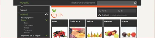Catalogue de la boutique : arborescence Marché, Fruits et Légumes de la région à gauche, filtres bio et vignettes de baies, fruits secs, poires, pommes et prunes à droite.