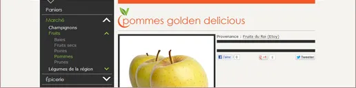 Fiche produit « pommes golden delicious » : photo du fruit, provenance indiquée par le nom et la commune du producteur, et boutons de partage.