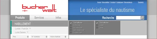 Bucher + Walt online catalogue: Products, Services and Info tabs, a clothing category tree and filters by price band and brand.