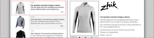 Catalogue product page: a list of Zhik women’s tops on the left, a detailed page with product photo, technical description and available sizes on the right.