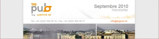 Newsletter mise en page aux couleurs de TPG Publicité SA : logo, mention « Septembre 2010 — Newsletter », coordonnées de l'entreprise et photographie panoramique de la rade de Genève.