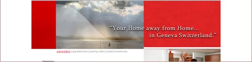 En-tête du site : accroche « Your Home away from Home… in Geneva Switzerland » sur un bandeau rouge encadrant une photo du jet d'eau, avec le menu présentation, appartements, parking, utile, contact et downloads.
