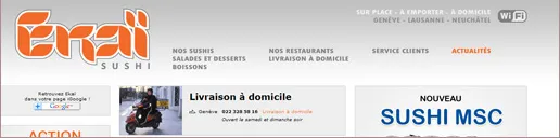En-tête du site Ekaï Sushi : logo orange, menu Nos sushis, Nos restaurants, Service clients et Actualités, mention des villes desservies, et encarts livraison à domicile et nouveauté.