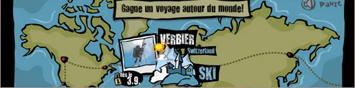 Écran du jeu-concours « Gagne un voyage autour du monde » : mappemonde illustrée, itinéraire en pointillés entre les continents et vignette d'un snowboardeur à Verbier.