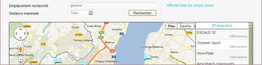 The same locator before selection: a map of the Geneva area covered with retailer markers.