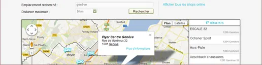 Store locator: search by town and radius, a Google map with markers and a “Flyer Centre Genève” tooltip, and the list of 17 results on the right.