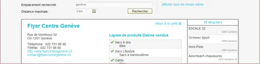 A retailer’s detail card: address, phone and website on the left, a ticked list of the Dakine product lines actually stocked on the right.