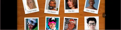 Rider team page: polaroid-style portraits pinned to a wooden background, each captioned with the rider’s name.