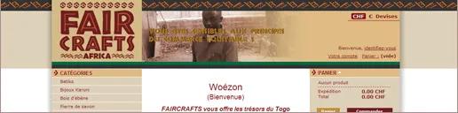 Page d'accueil de Faircrafts Africa : bandeau au motif de tissu africain, colonne de catégories (batiks, bijoux karuni, boîtes d'Adéona, pierre de savon) et panier affichant un total en francs suisses.