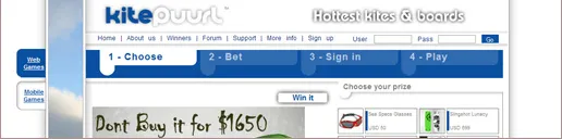 Interface de la plateforme de jeux : bandeau « Hottest kites & boards », parcours numéroté « 1 Choose, 2 Bet, 3 Sign in, 4 Play » et sélection des lots à gagner.