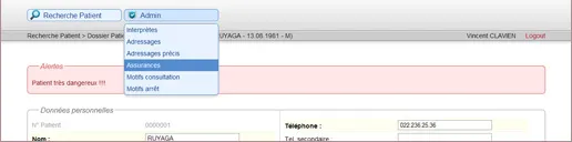 Interface de dossier patient : boutons Recherche Patient et Admin avec menu déroulant (Interprètes, Adressages, Assurances, Motifs consultation, Motifs arrêt), encart d'alerte rouge et bloc de données personnelles.