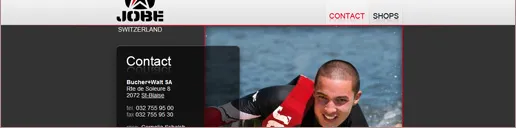 Page contact du site Jobe Switzerland : coordonnées du distributeur Bucher + Walt SA à côté d'une photo de rider en combinaison.