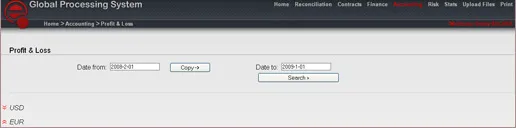 The “Global Processing System” interface: a navigation bar with Reconciliation, Contracts, Finance, Accounting, Risk and Stats, above a profit-and-loss screen with a date range and a USD/EUR breakdown.