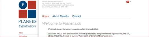 Page d'accueil de Planetis Distribution : logo en damier bleu et rouge, mention du service de vente et distribution pour les organisations intergouvernementales, et présentation du catalogue de plus de 30 000 titres.