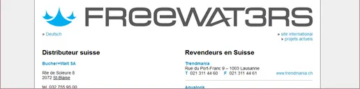 Page revendeurs du site Freewaters : distributeur suisse et liste des revendeurs, avec liens vers le site international de la marque.