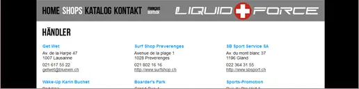 Page « Händler » du site Liquid Force en allemand : liste de revendeurs suisses en trois colonnes avec adresse, téléphone et site web.