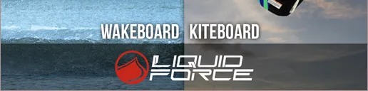 En-tête du site Liquid Force : deux photos de wakeboard et de kiteboard encadrant le logo de la marque.